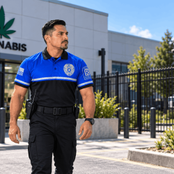 Dispensery security guard at modern entrance