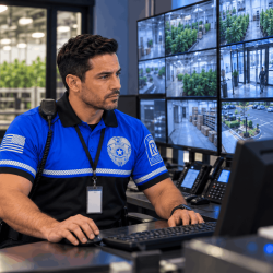 Focused Security Officer Monitoring CCTV Feeds