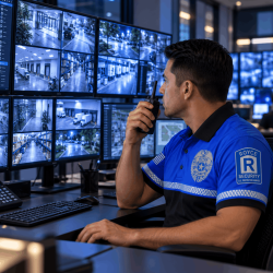 Security Officer Monitoring CCTV Wall