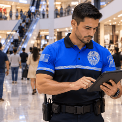 Security Officer Monitoring a Busy Mall